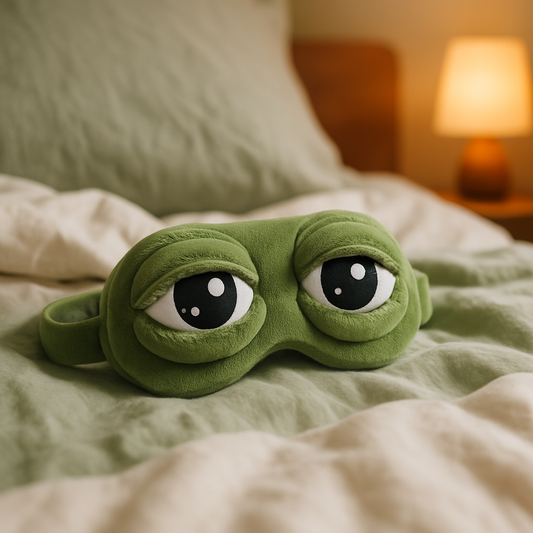 Nappy Frog sleep mask on bed