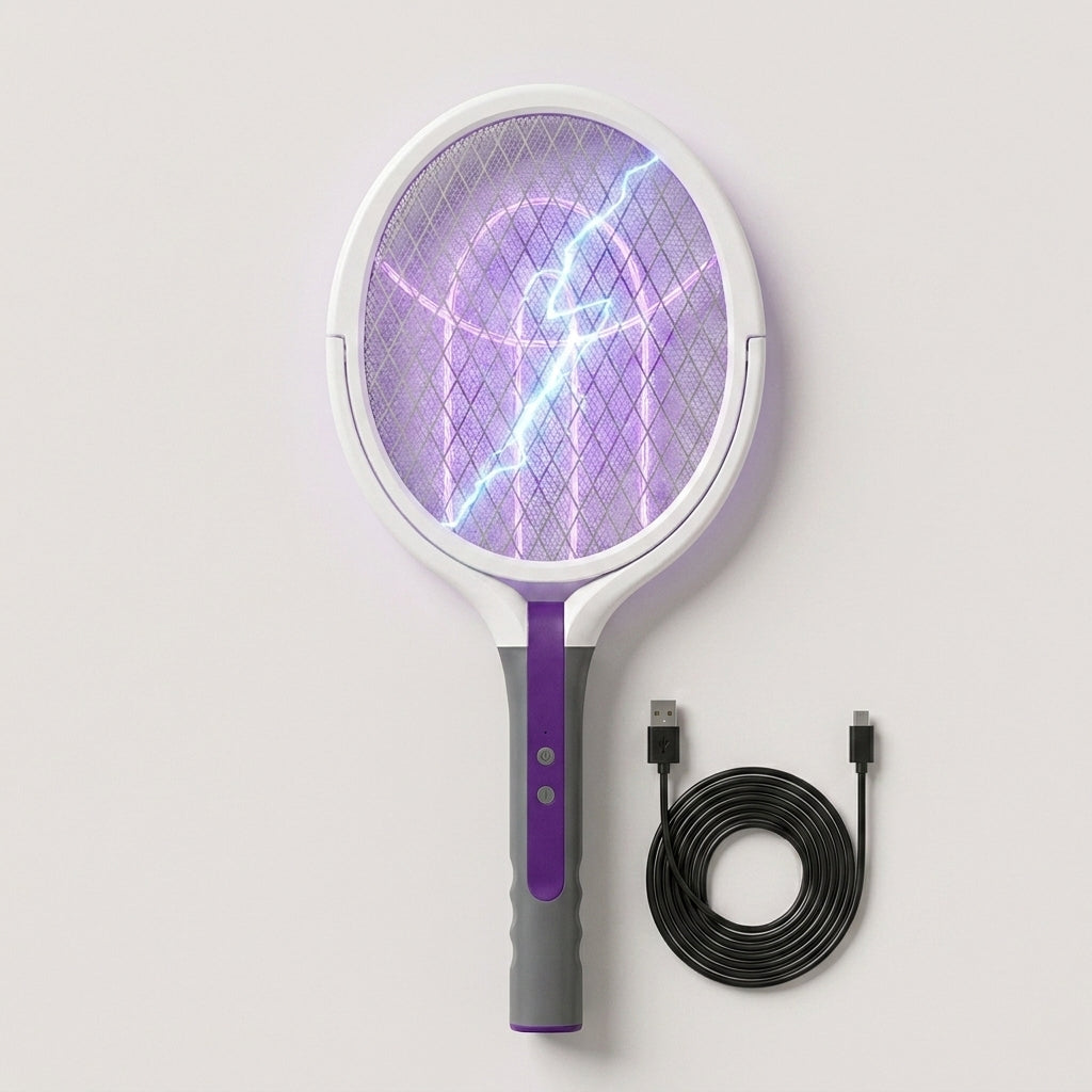 BugNinja swatter with USB charging cable flat lay