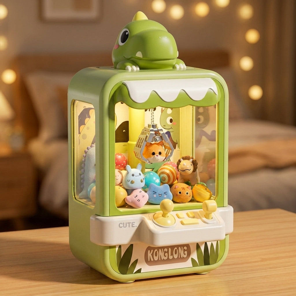 CLAWZ green dinosaur mini claw machine glowing on a cozy desk