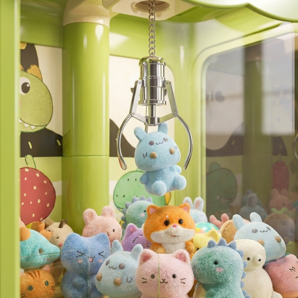 CLAWZ metal claw grabbing a cute mini plush through the glass