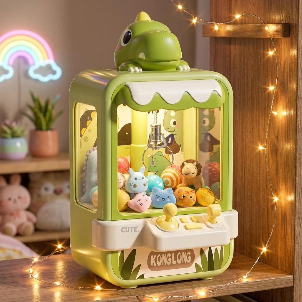 CLAWZ claw machine on a bedroom shelf with fairy lights