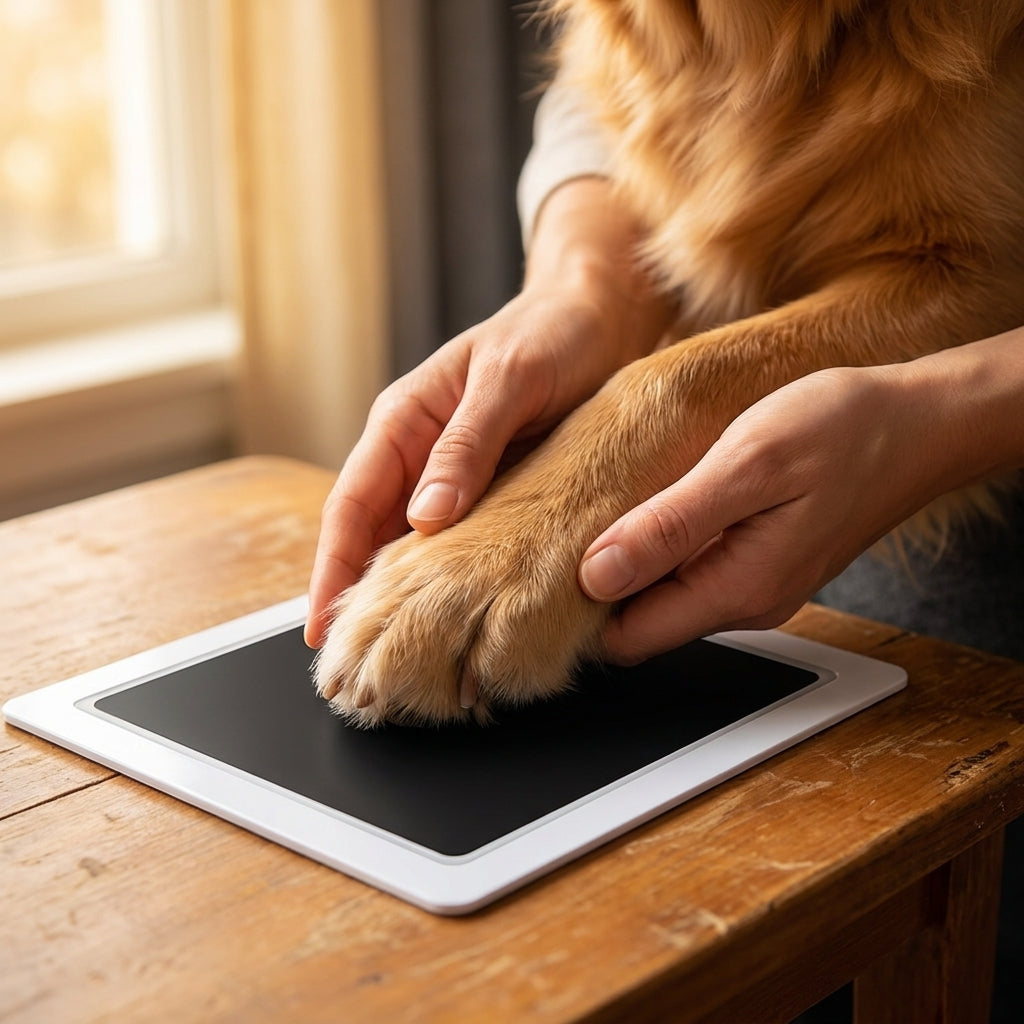 Gently pressing a dog paw onto the inkless pad