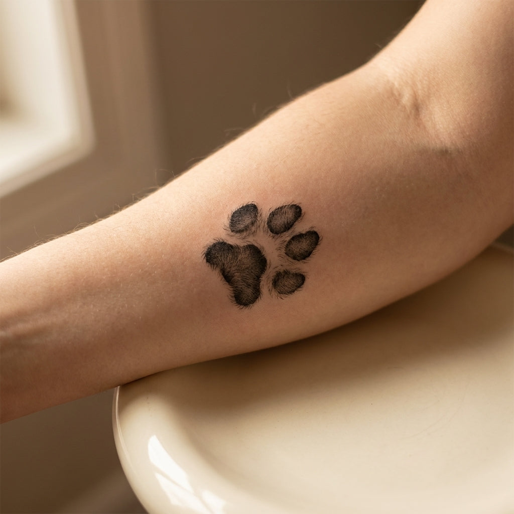 Delicate dog paw print tattoo on forearm