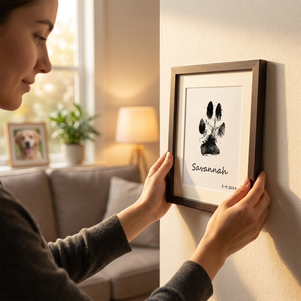 Holding the framed paw print keepsake at home