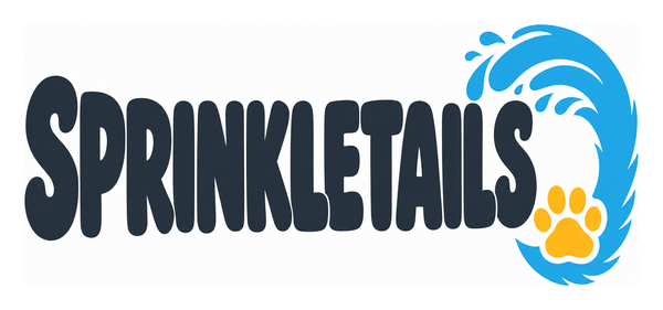 SPRINKLETAILS horizontal logo lockup - wordmark with water arc and paw mark