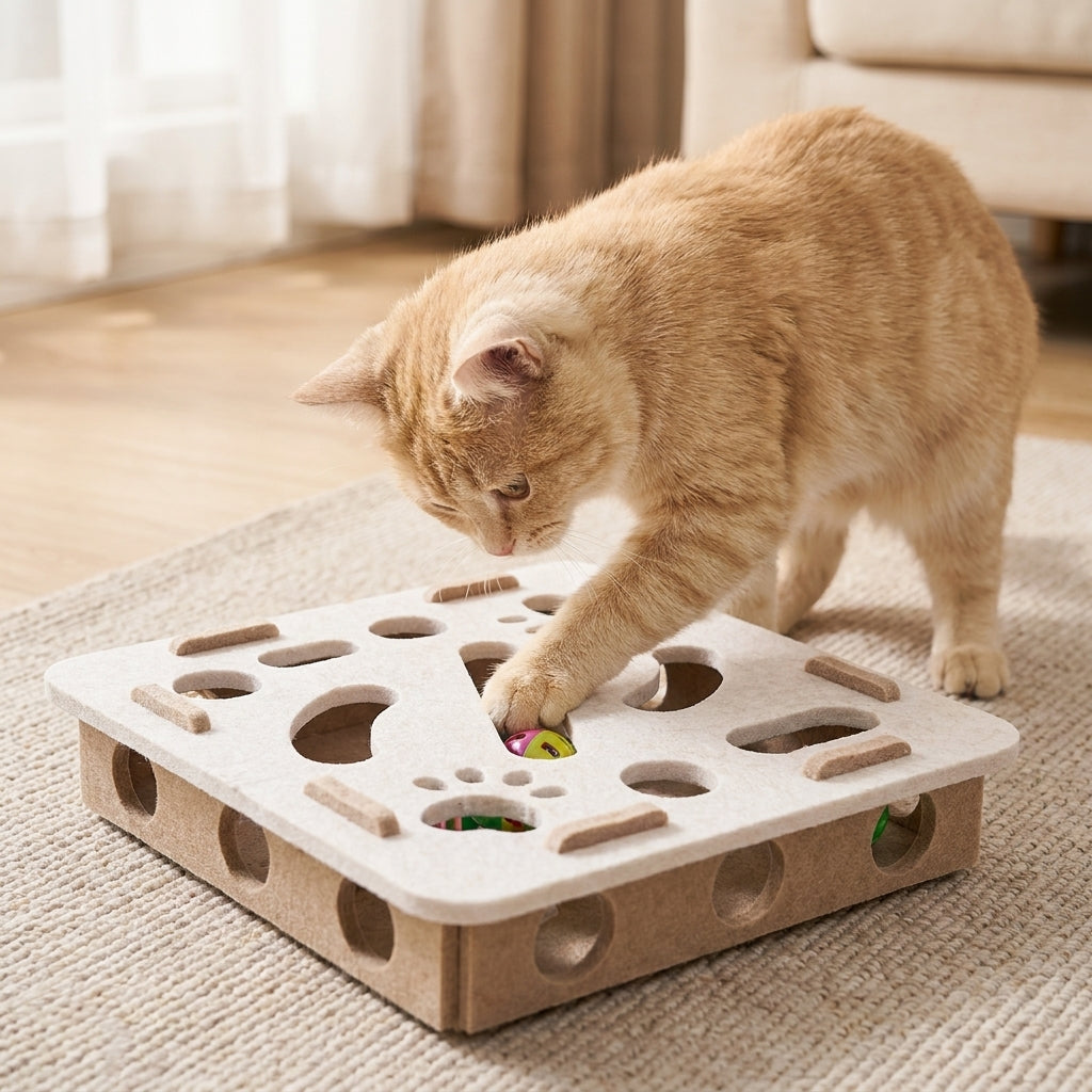 Cat playing with the PAWZZLE interactive felt puzzle toy at home