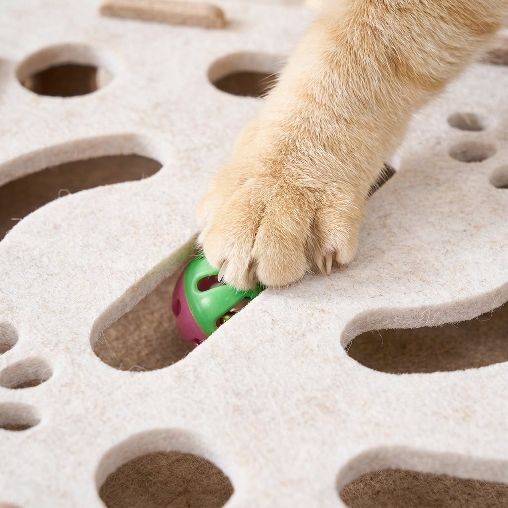 Cat paw reaching into puzzle hole chasing the bell ball