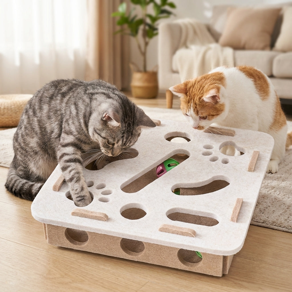 Two cats sharing the PAWZZLE puzzle toy in a living room