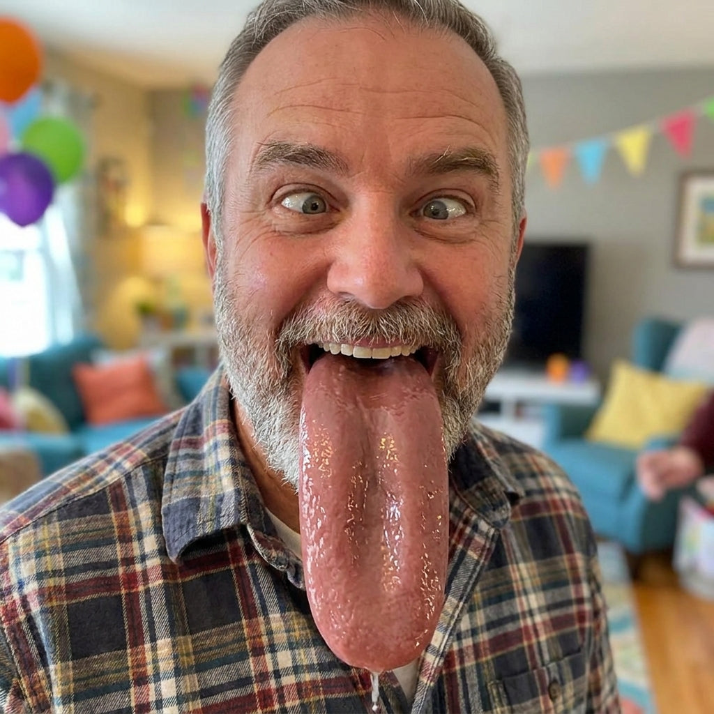 Grinning dad with a huge realistic fake silicone tongue lolling out