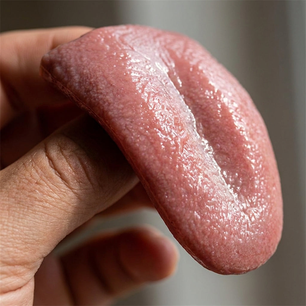 Macro detail of the realistic fake tongue texture in a hand