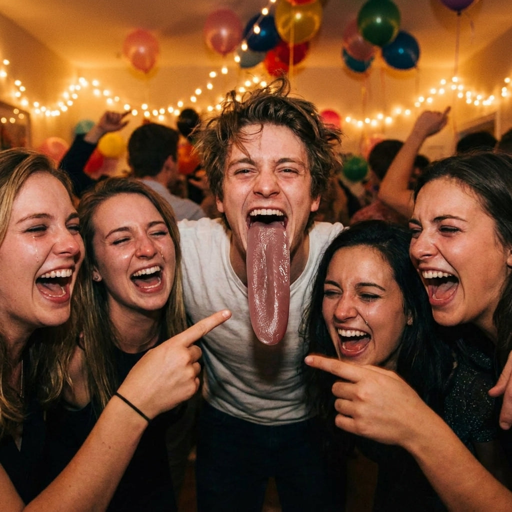 Friends screaming with laughter at the fake tongue prank