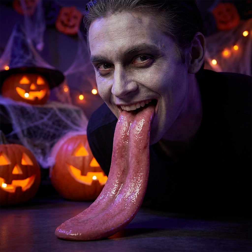 Fake tongue used in a playful spooky Halloween gag